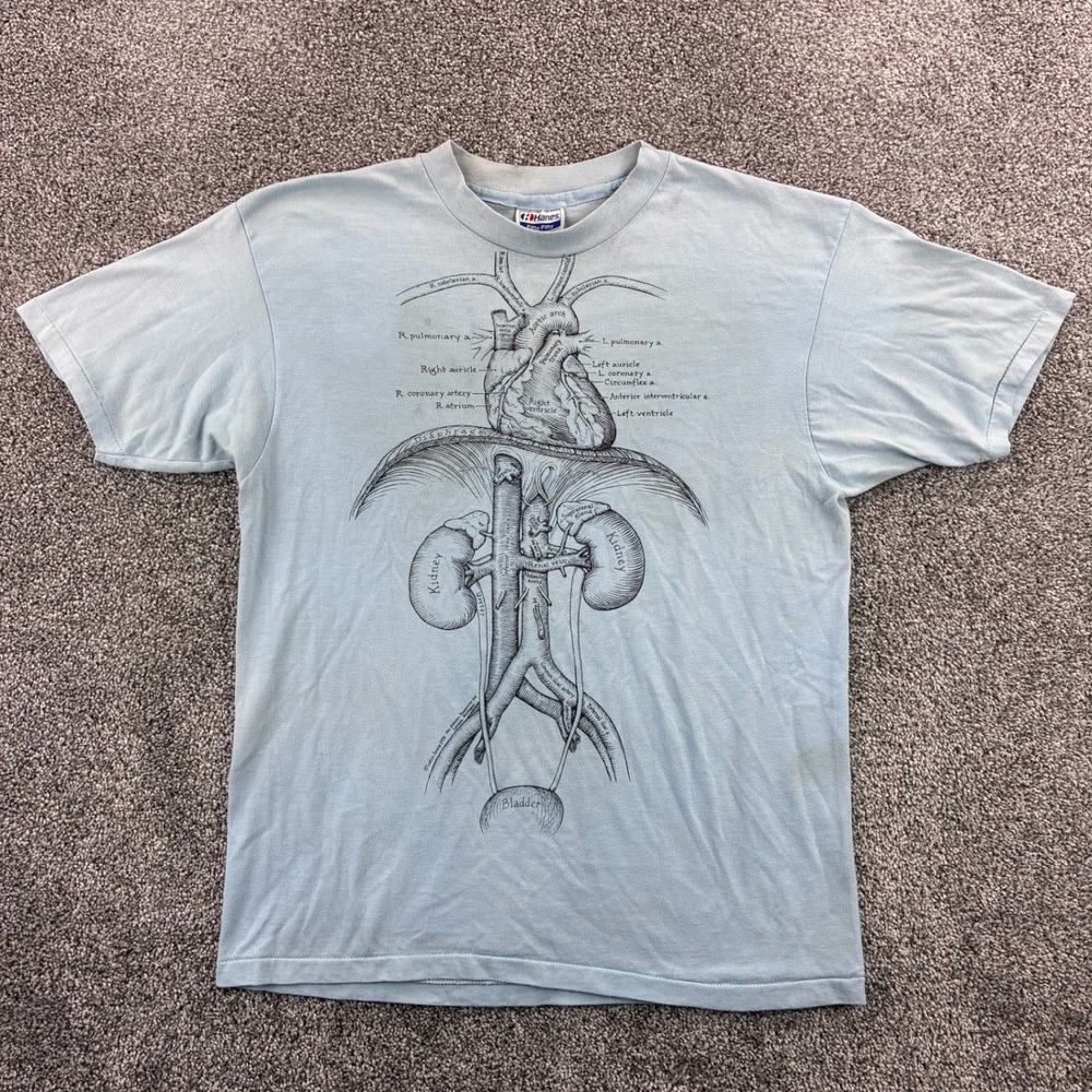 Vintage Human Anatomy Shirt Mens Large Blue Heart Kidney Diagram Medical